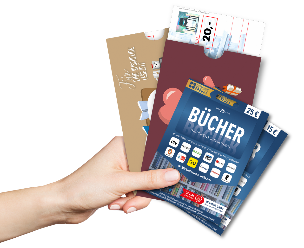 Hand hält Bücherschecks und Büchergutscheine